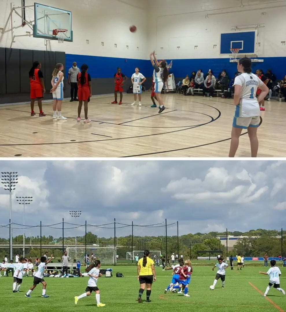 Girls basketball free throw above youth soccer match